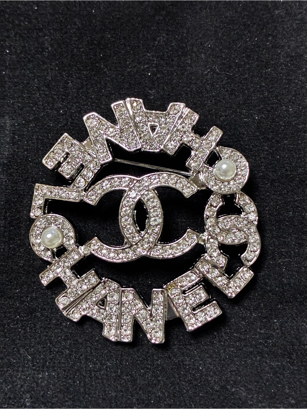 Double C Silver-Tone Pearl and Crystal Logo Spell - Out Brooch